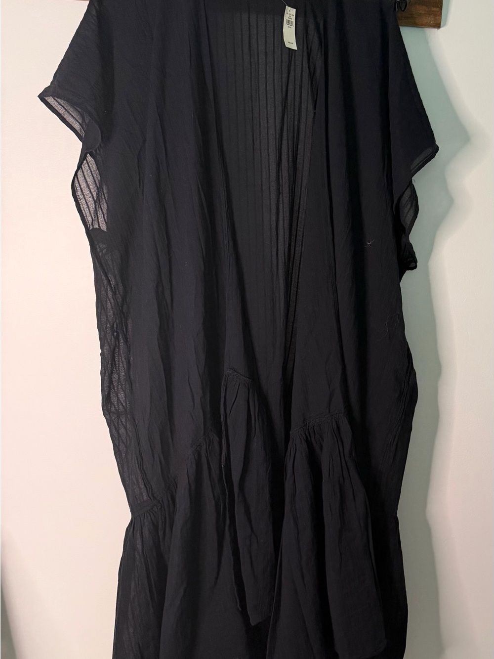 Aerie Sheer Ruffle Hem Open Front Kimono Cover Up - One Size Black NWT